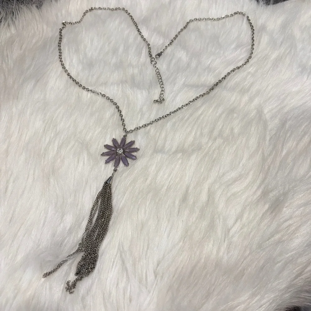 Whimsical Flower Tassel Necklace Boho Silver Tone Purple Rhinestone Hippie 20676